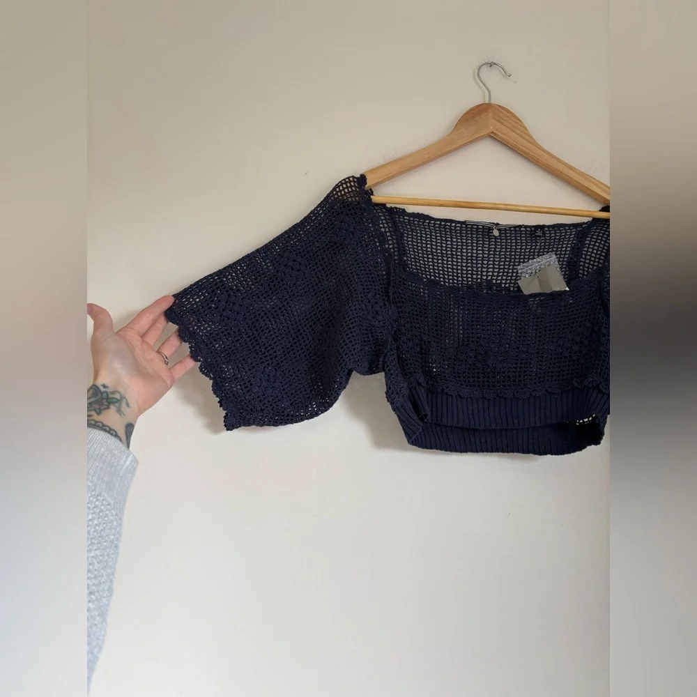 Anthropologie Knitted & Knotted Crochet Tee in Navy